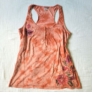 Y2K Mossimo Womens M Orange Tank Top Boho Tie Dye Floral Applique Buttons Cotton